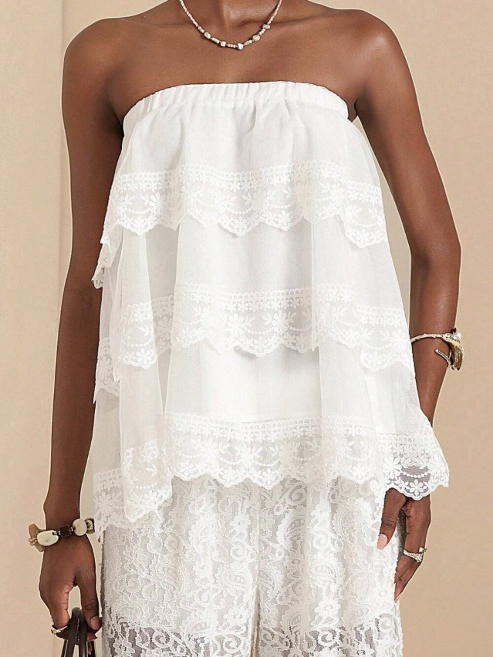 White Boho Women's Lace Trim Bandeau Top